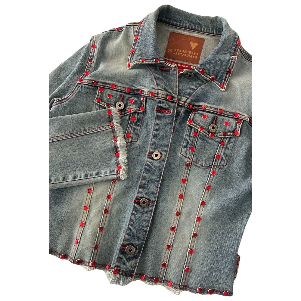 Vtg Guess Jeans Denim Jacket Women's M Blue Red Crystal Studded Boho Western Y2K